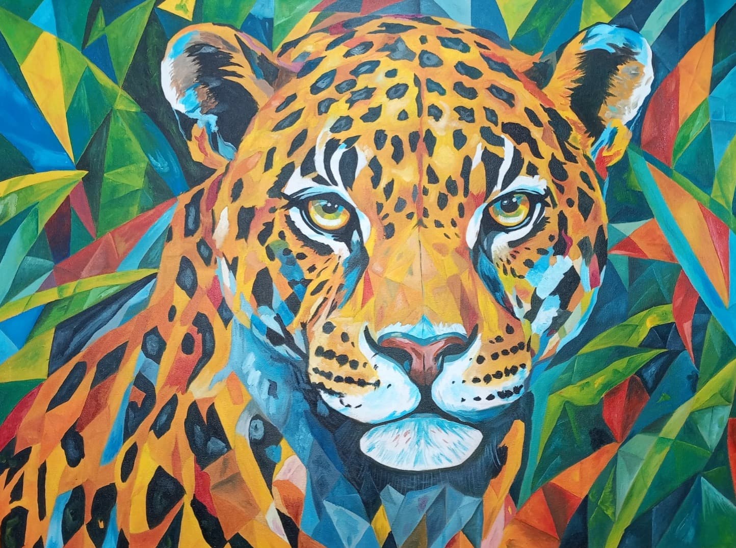 Pintura al óleo INDÓMITA — Jaguar entre vegetación multicolor por Jhon James Revelo